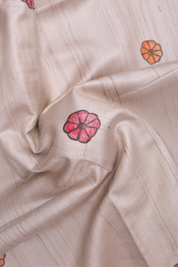 Tussar Madhubani Silk Saree In Beige With Floral Design