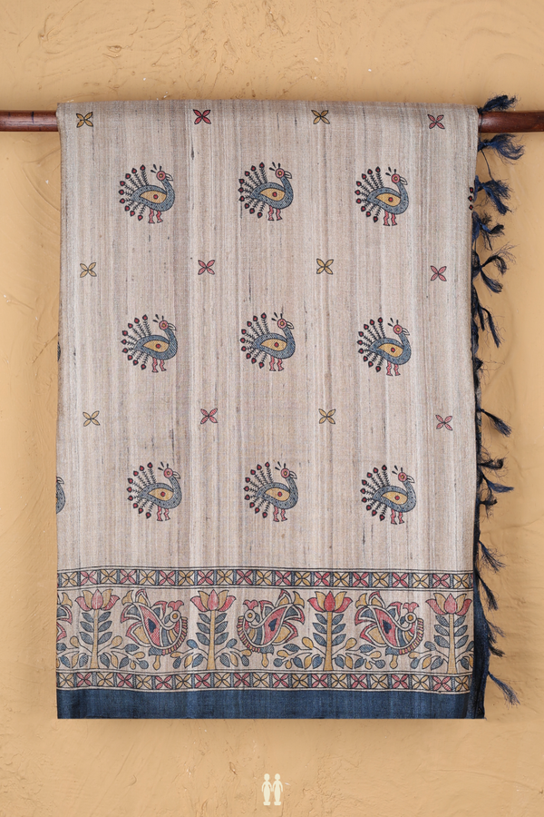 Tussar Madhubani Silk Saree In Beige With Peacock Design