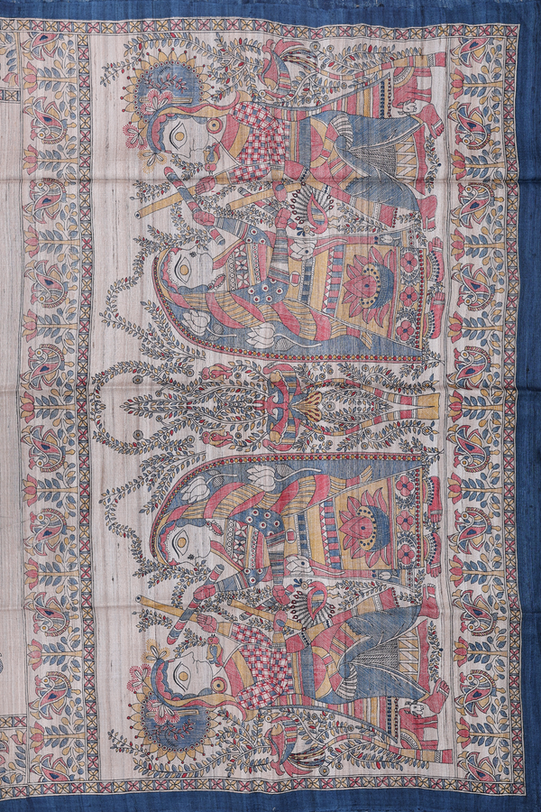 Tussar Madhubani Silk Saree In Beige With Peacock Design