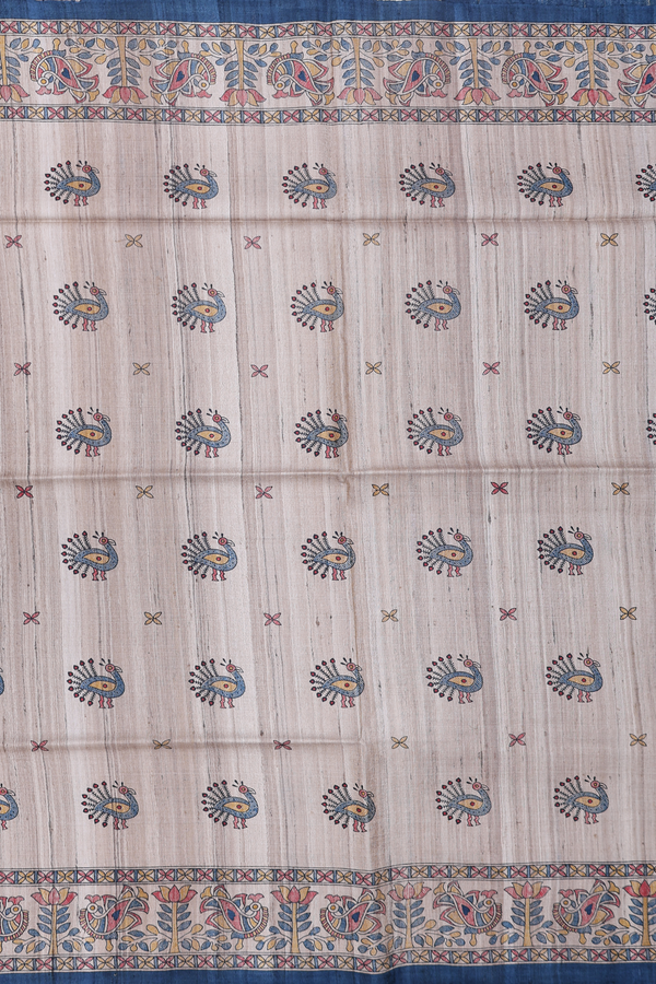 Tussar Madhubani Silk Saree In Beige With Peacock Design