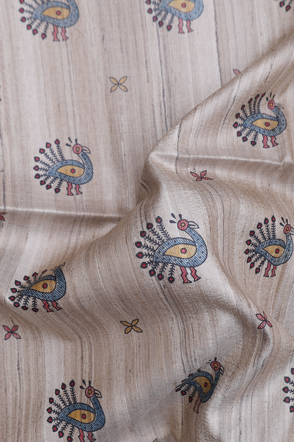 Tussar Madhubani Silk Saree In Beige With Peacock Design