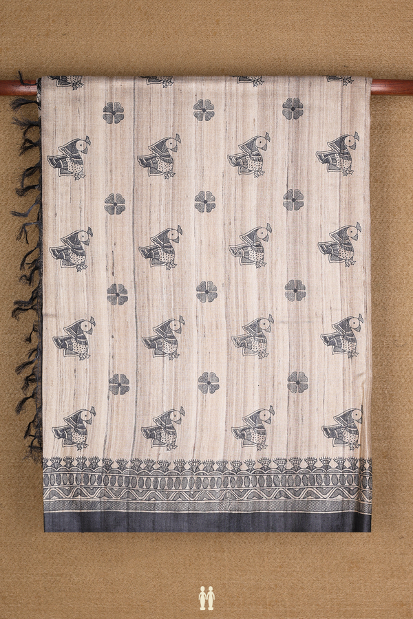 Tussar Madhubani Silk Saree In Beige With Printed Buttas