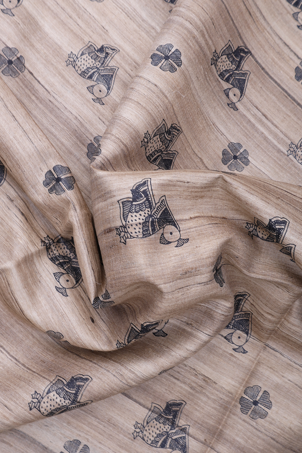 Tussar Madhubani Silk Saree In Beige With Printed Buttas