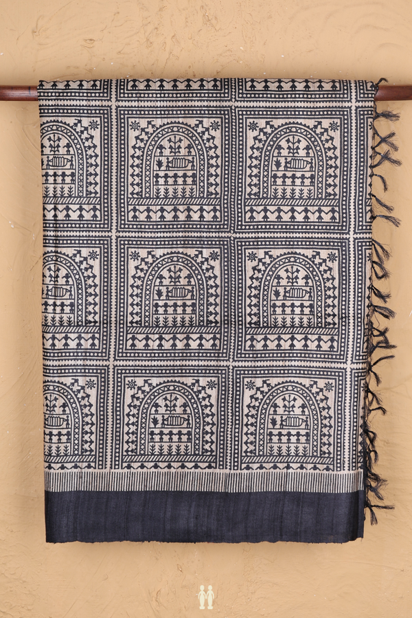Tussar Madhubani Silk Saree In Beige With Printed Design