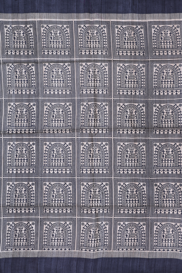 Tussar Madhubani Silk Saree In Beige With Printed Design