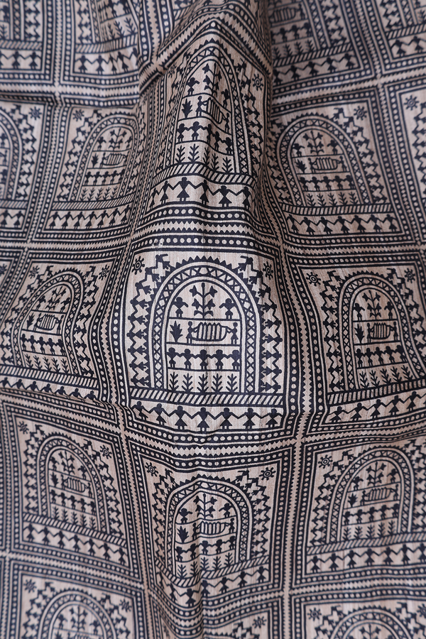 Tussar Madhubani Silk Saree In Beige With Printed Design
