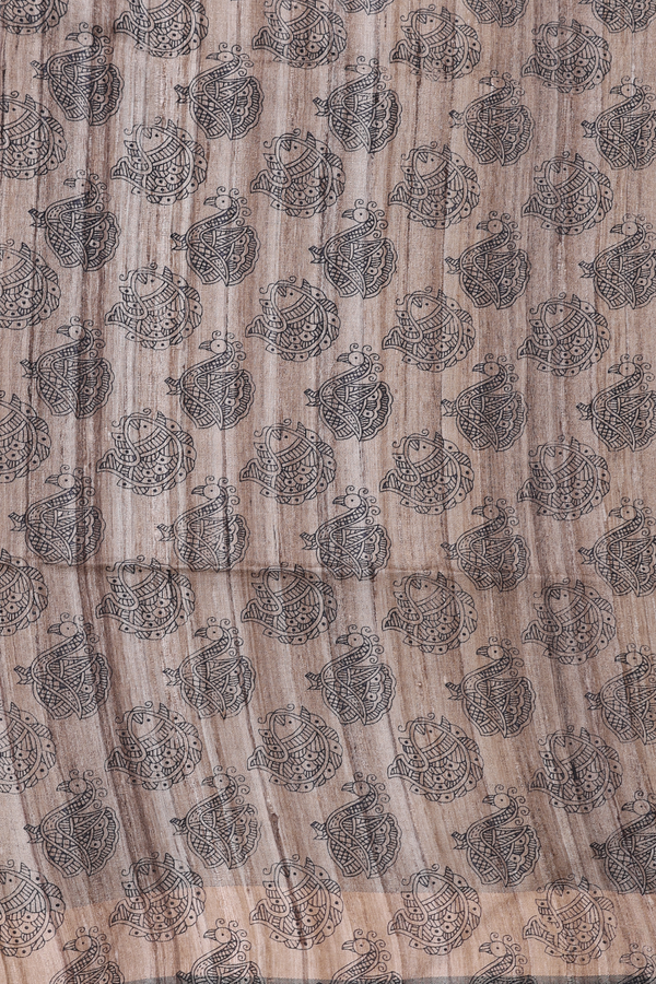 Tussar Madhubani Silk Saree In Black With Zari Border