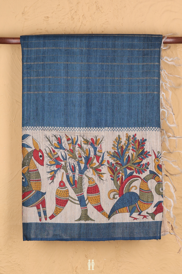 Tussar Madhubani Silk Saree In Blue With Stripes Design