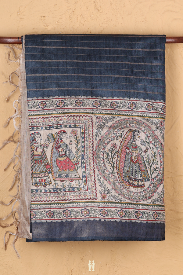 Tussar Madhubani Silk Saree In Blue With Stripes Design