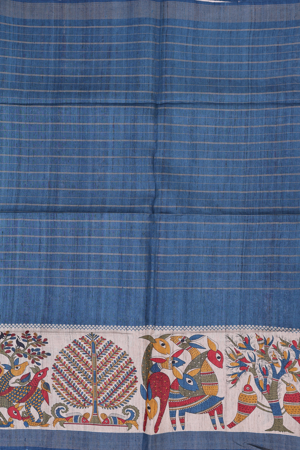 Tussar Madhubani Silk Saree In Blue With Stripes Design