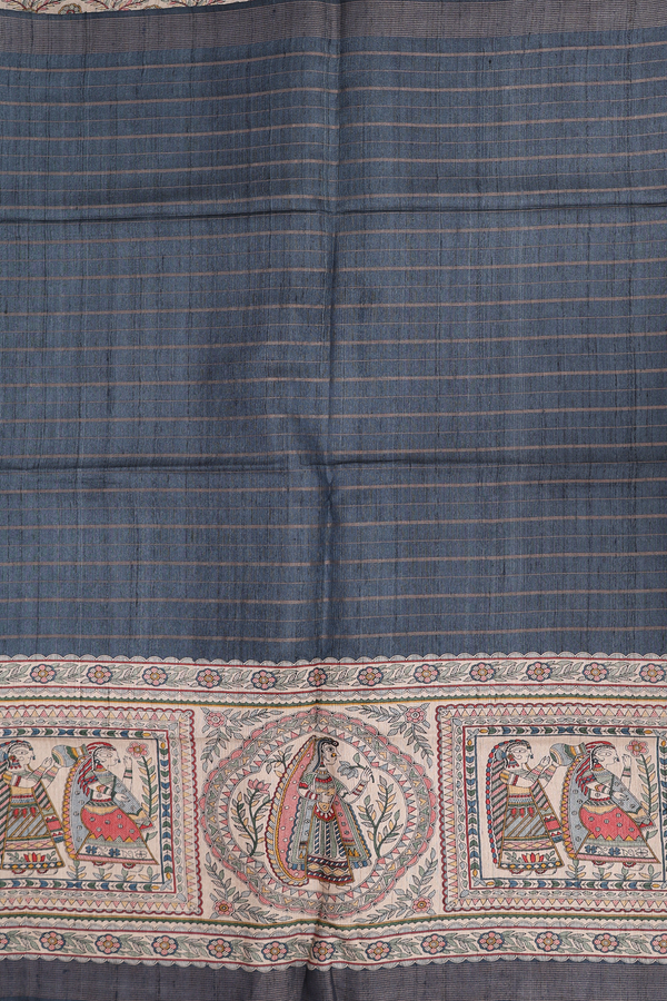 Tussar Madhubani Silk Saree In Blue With Stripes Design