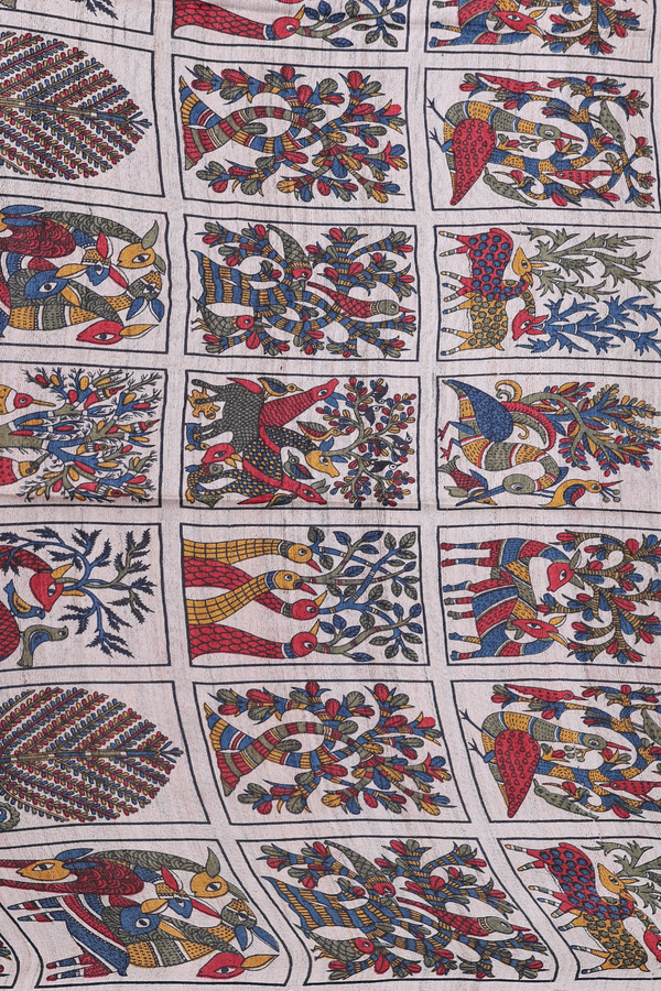 Tussar Madhubani Silk Saree In Blue With Stripes Design