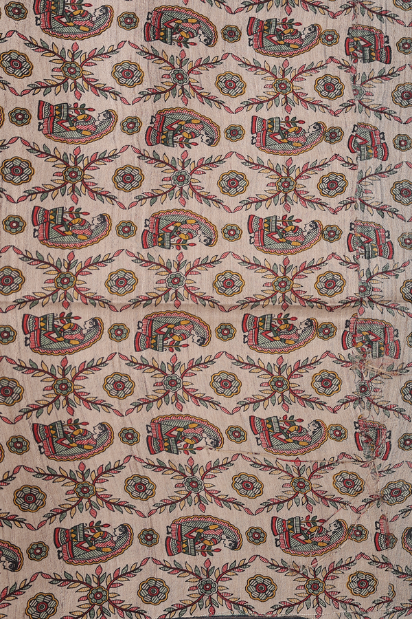 Tussar Madhubani Silk Saree In Blue With Stripes Design