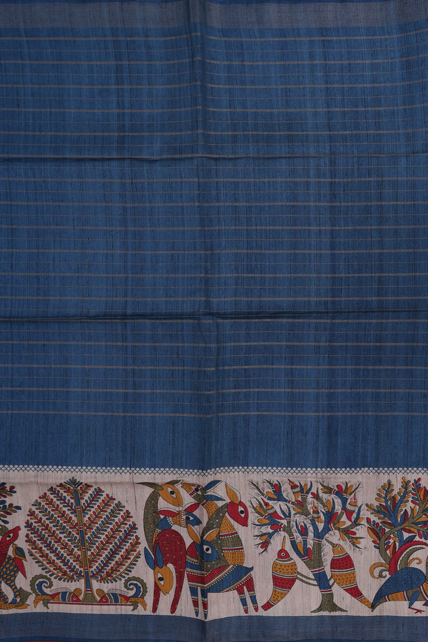 Tussar Madhubani Silk Saree In Blue With Stripes Design