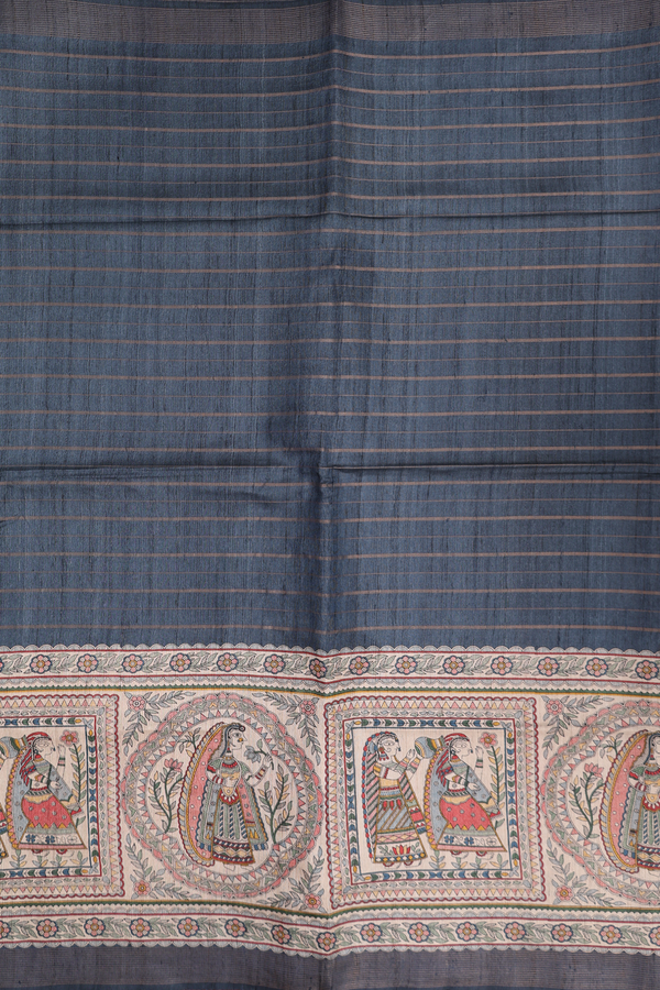 Tussar Madhubani Silk Saree In Blue With Stripes Design