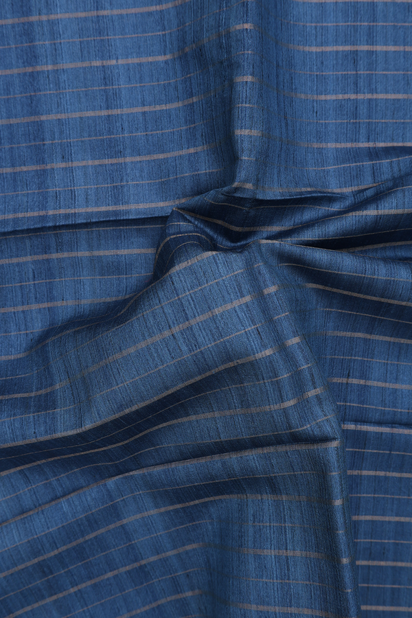 Tussar Madhubani Silk Saree In Blue With Stripes Design