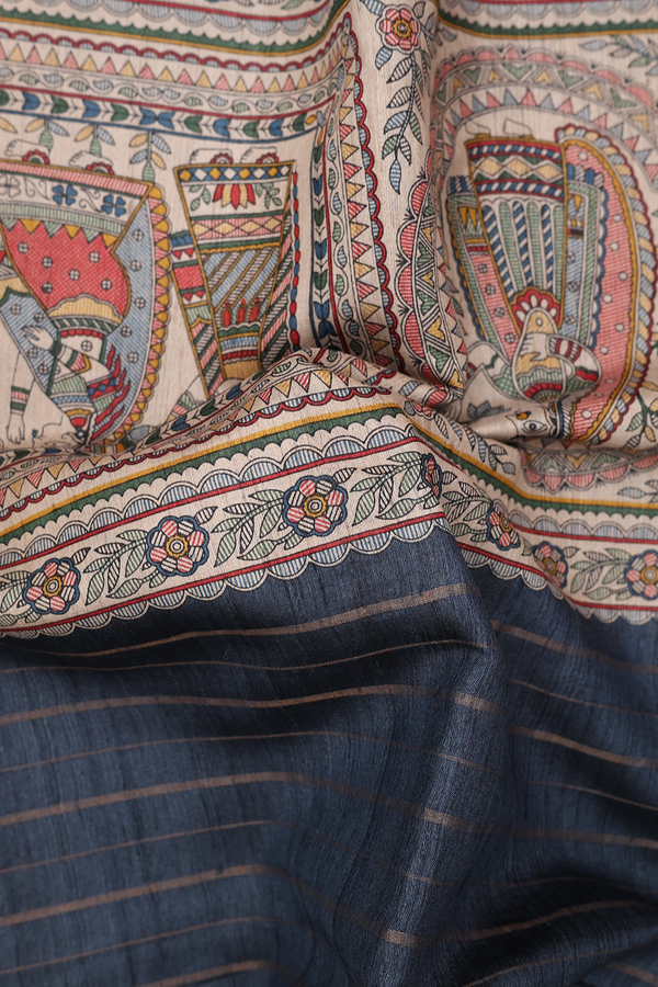 Tussar Madhubani Silk Saree In Blue With Stripes Design
