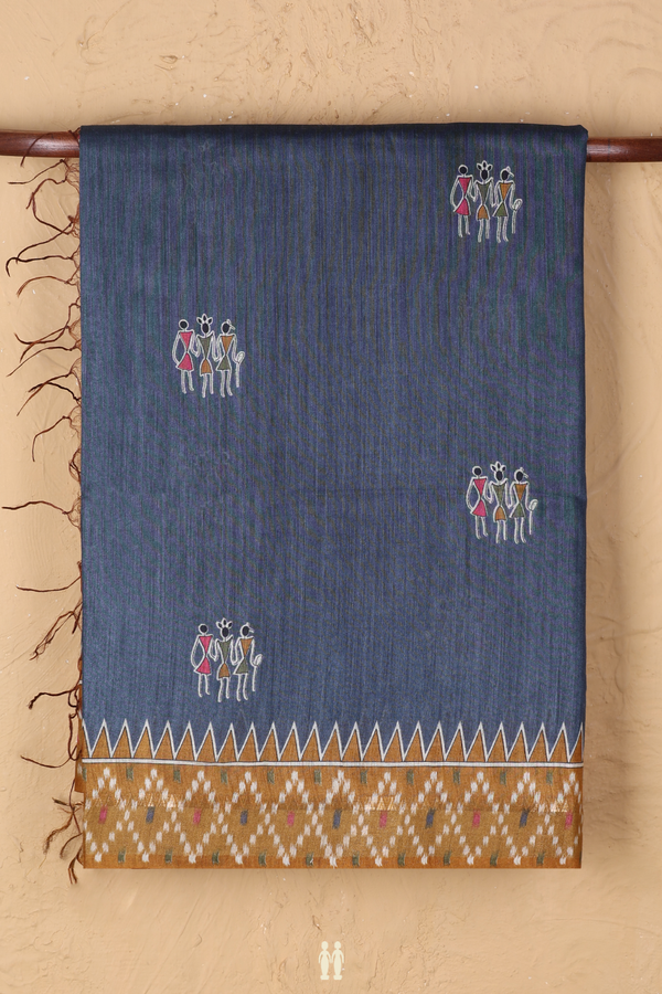 Tussar Madhubani Silk Saree In Blue With Warli Design