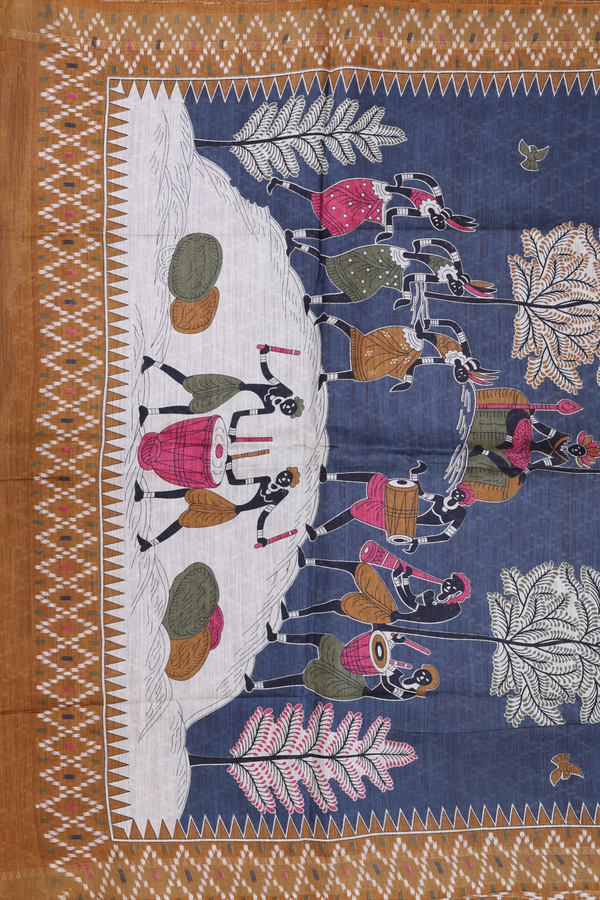 Tussar Madhubani Silk Saree In Blue With Warli Design