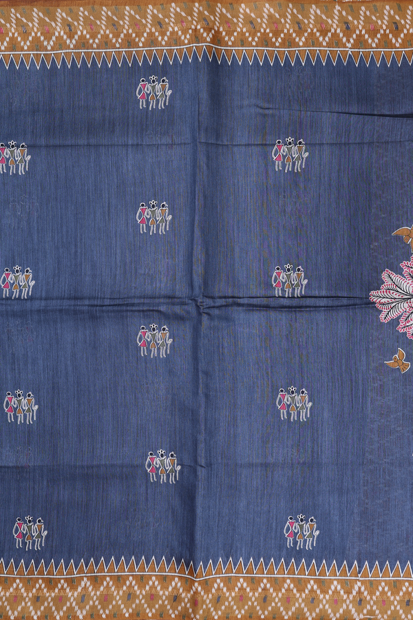 Tussar Madhubani Silk Saree In Blue With Warli Design