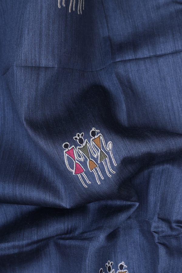 Tussar Madhubani Silk Saree In Blue With Warli Design