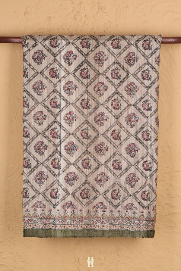 Tussar Madhubani Silk Saree In Brown With Diamond Design