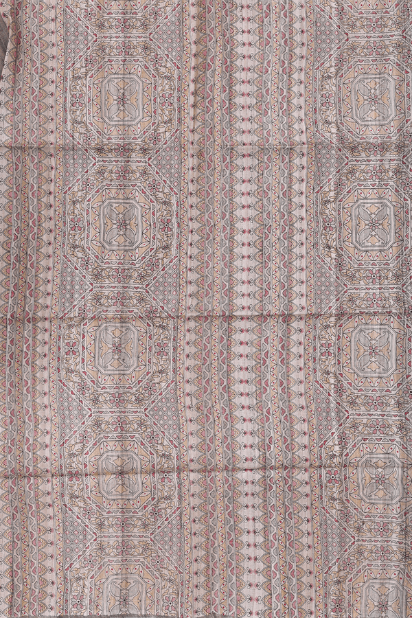 Tussar Madhubani Silk Saree In Brown With Diamond Design