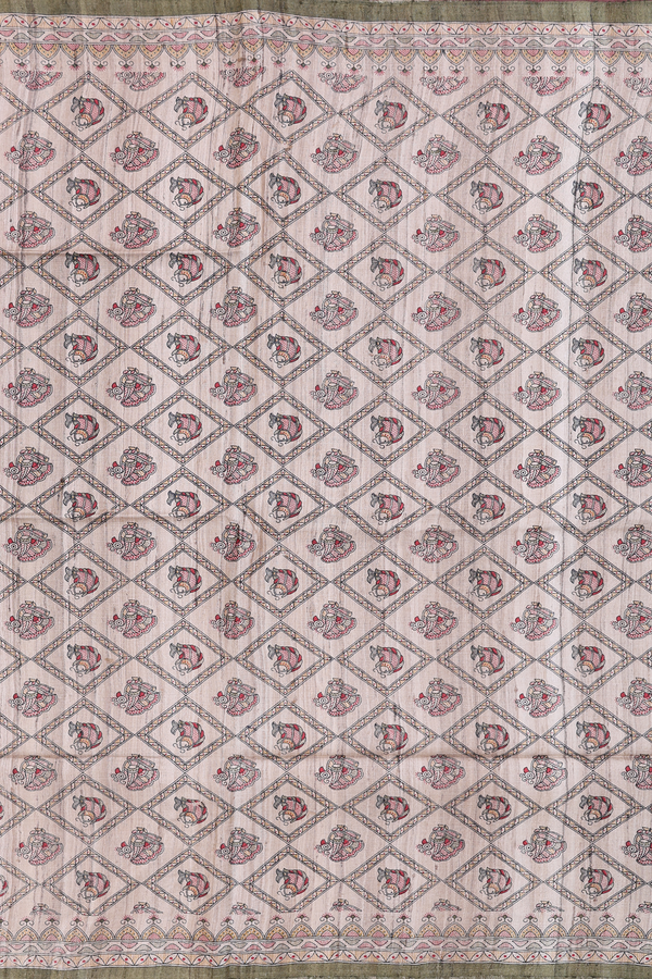 Tussar Madhubani Silk Saree In Brown With Diamond Design