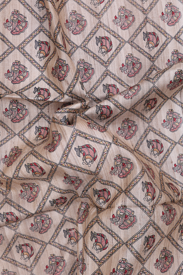 Tussar Madhubani Silk Saree In Brown With Diamond Design