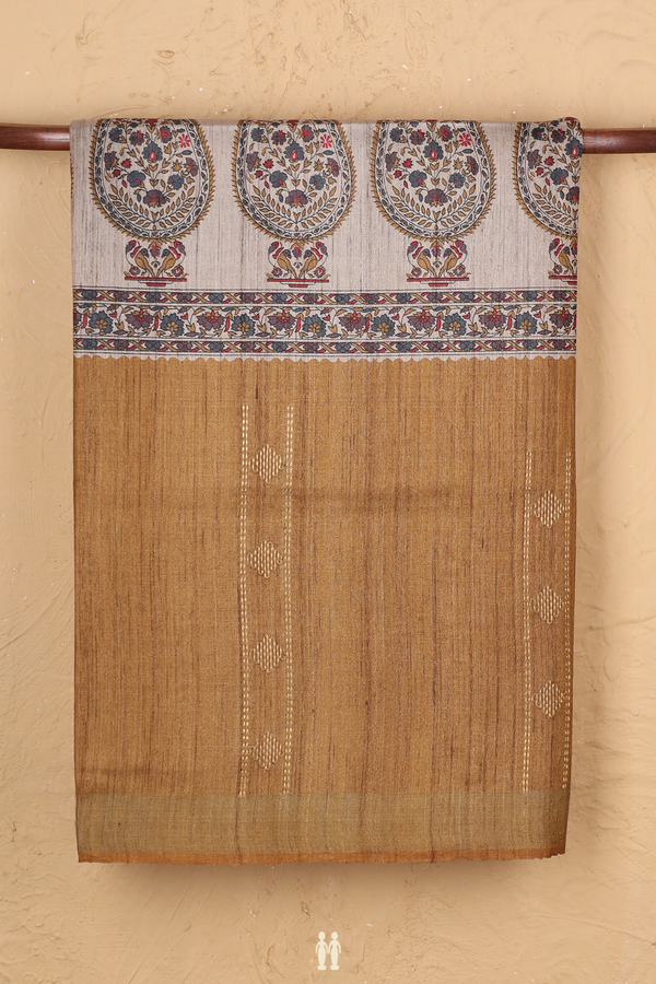 Tussar Madhubani Silk Saree In Brown With Paisley Design