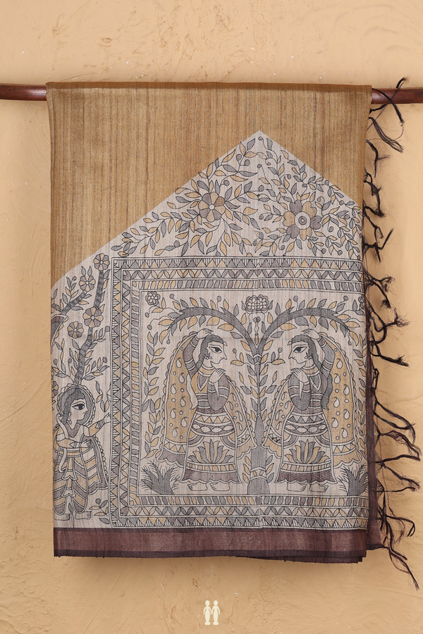 Tussar Madhubani Silk Saree In Brown With Printed Design