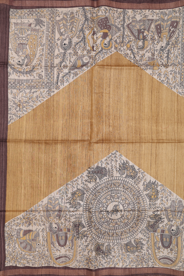 Tussar Madhubani Silk Saree In Brown With Printed Design