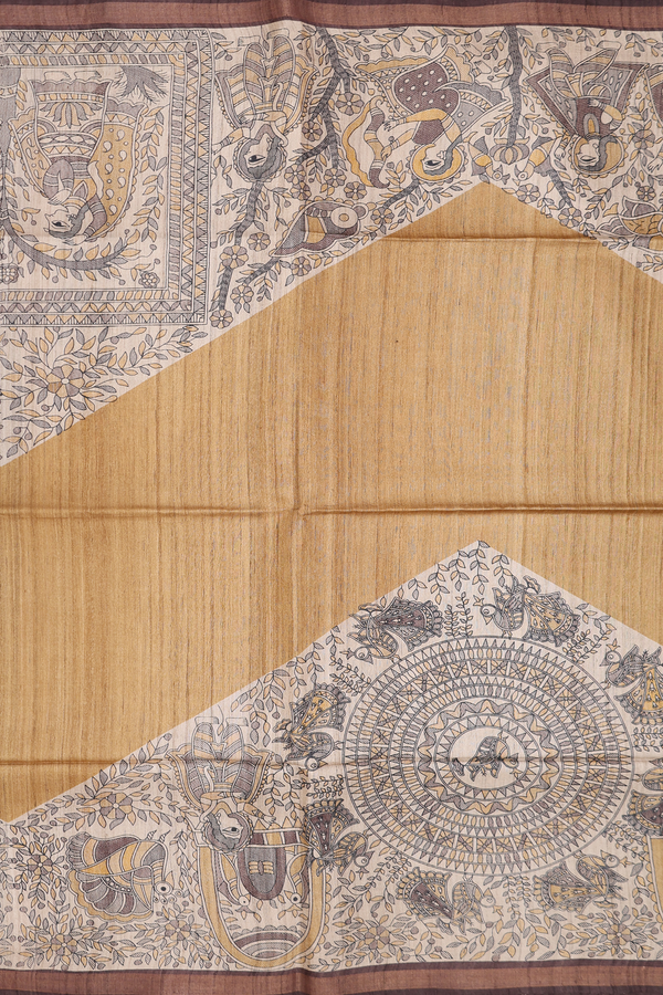Tussar Madhubani Silk Saree In Brown With Printed Design