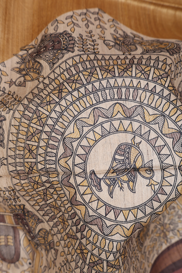 Tussar Madhubani Silk Saree In Brown With Printed Design