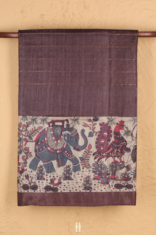 Tussar Madhubani Silk Saree In Brown With Stripes Design