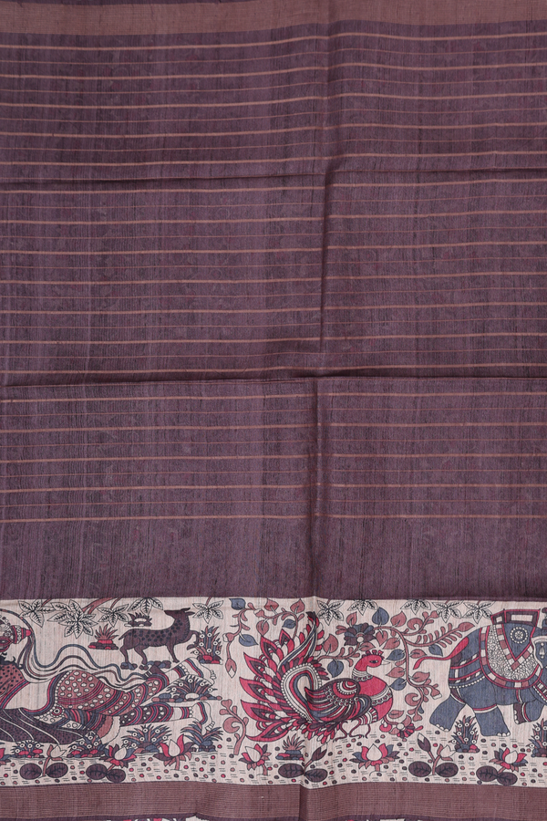 Tussar Madhubani Silk Saree In Brown With Stripes Design