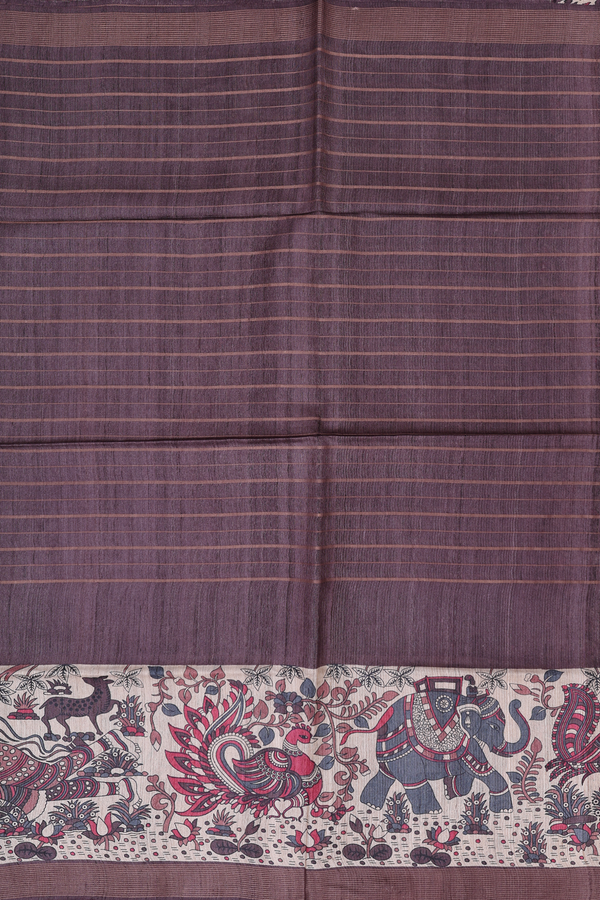 Tussar Madhubani Silk Saree In Brown With Stripes Design