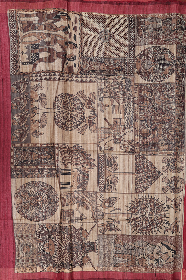 Tussar Madhubani Silk Saree In Burgundy Red With Zari Border