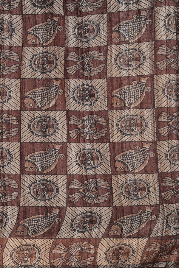 Tussar Madhubani Silk Saree In Burgundy Red With Zari Border