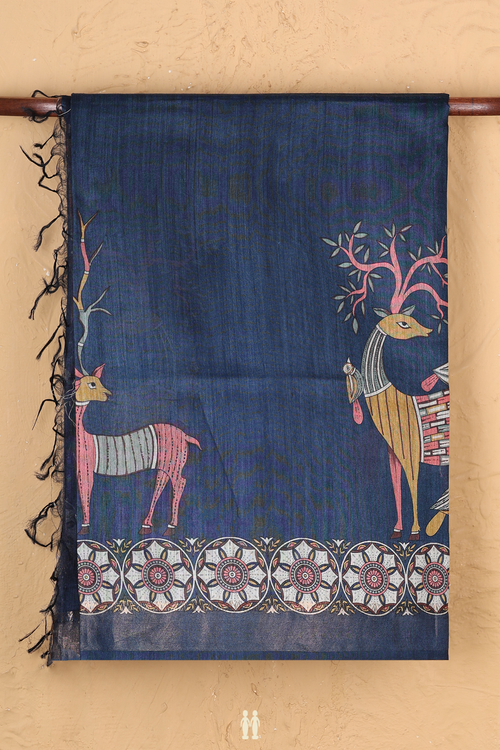 Tussar Madhubani Silk Saree In Capri Blue With Deer Design