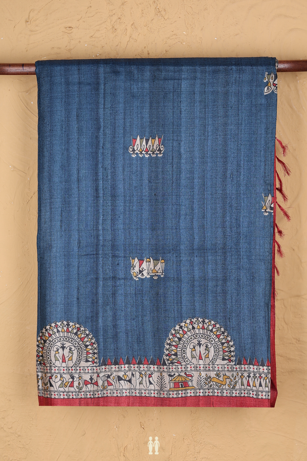 Tussar Madhubani Silk Saree In Capri Blue With Warli Design
