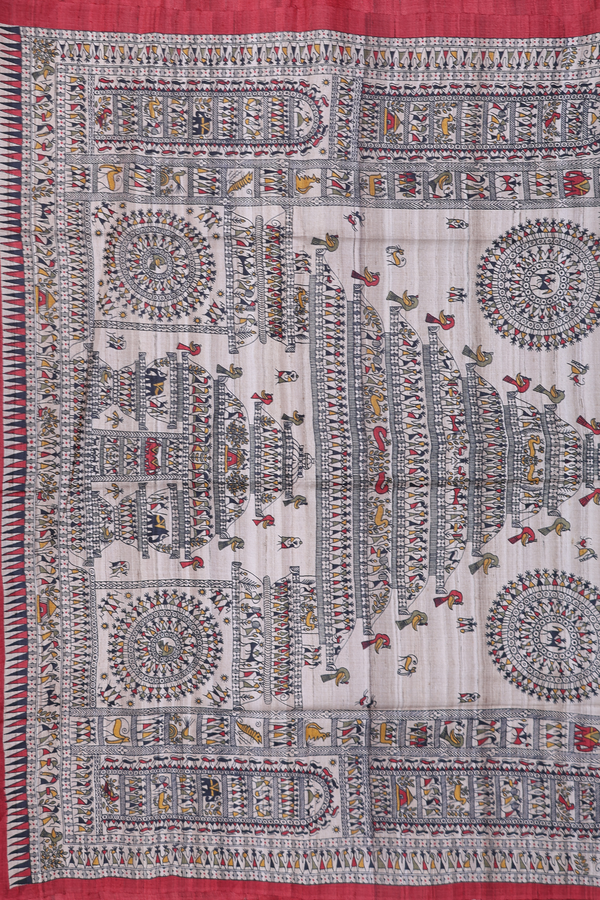 Tussar Madhubani Silk Saree In Capri Blue With Warli Design