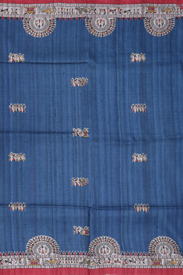 Tussar Madhubani Silk Saree In Capri Blue With Warli Design