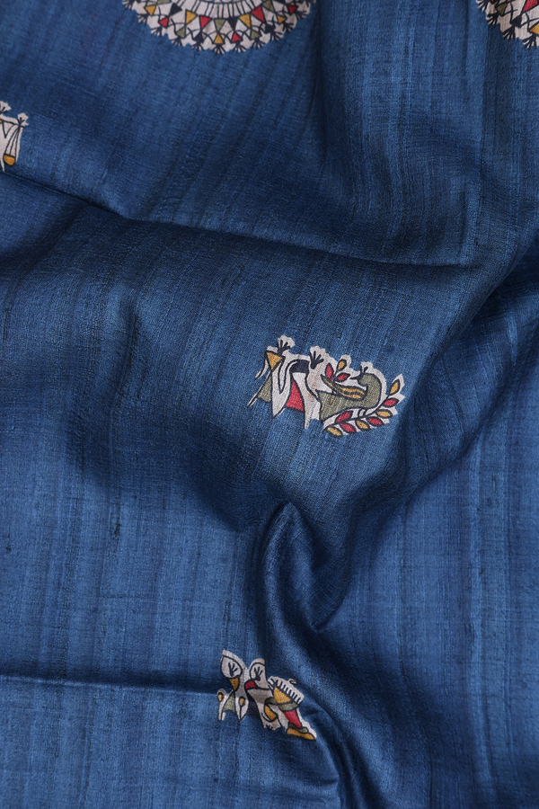 Tussar Madhubani Silk Saree In Capri Blue With Warli Design