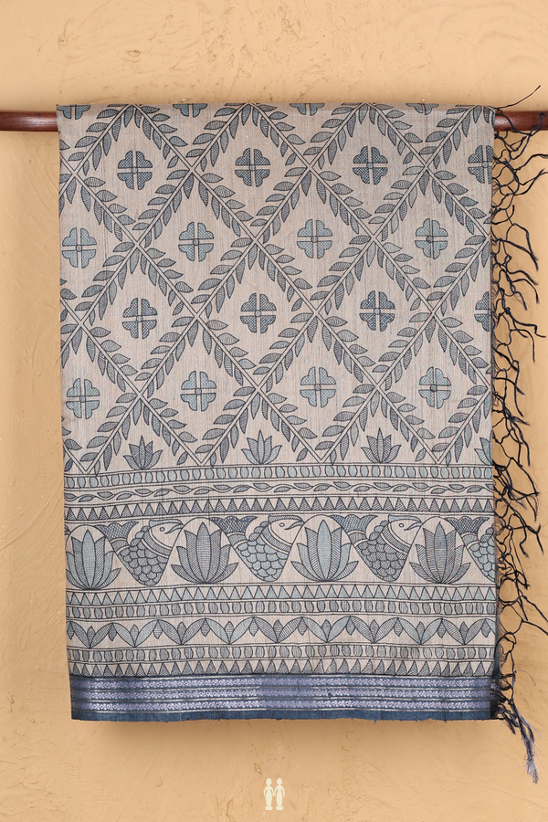 Tussar Madhubani Silk Saree In Cream With Diamnond Design