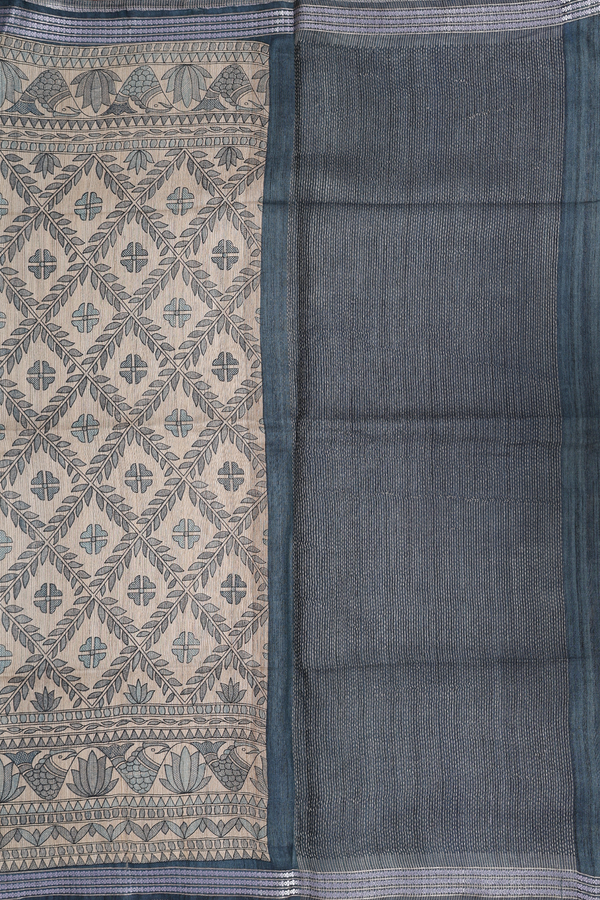 Tussar Madhubani Silk Saree In Cream With Diamnond Design