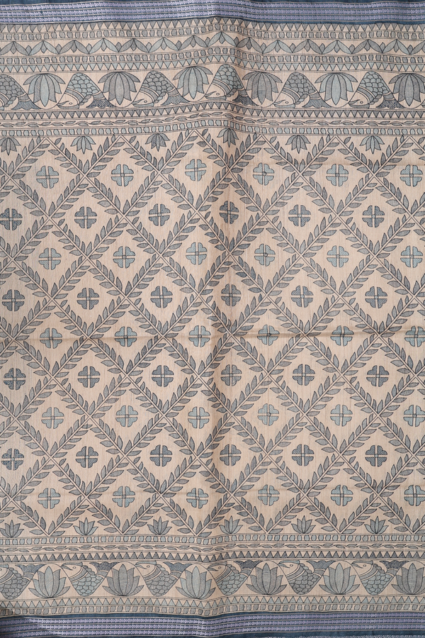 Tussar Madhubani Silk Saree In Cream With Diamnond Design