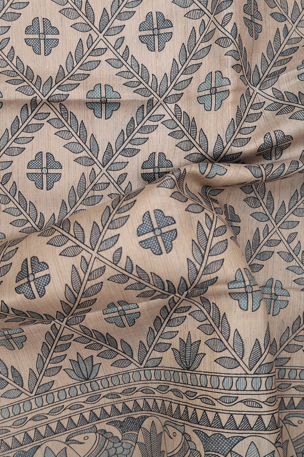 Tussar Madhubani Silk Saree In Cream With Diamnond Design