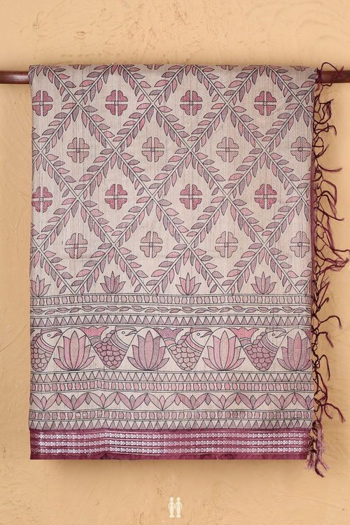 Tussar Madhubani Silk Saree In Cream With Diamond Design