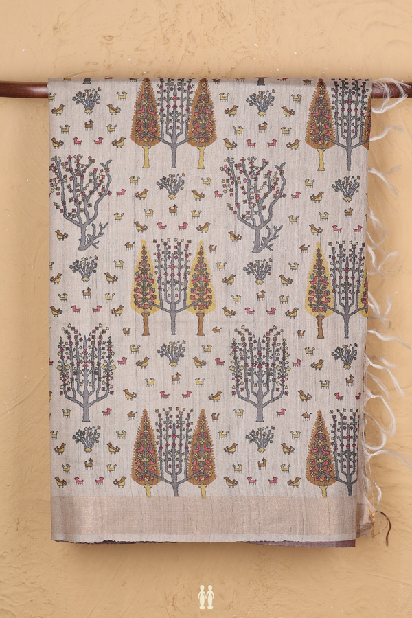 Tussar Madhubani Silk Saree In Cream With Allover Design